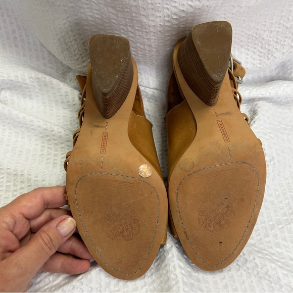 Vince Camuto 8 38 Peek Toe Stacked Square Heel Leather Braid VC-ANKARA Caramel - Picture 4 of 8
